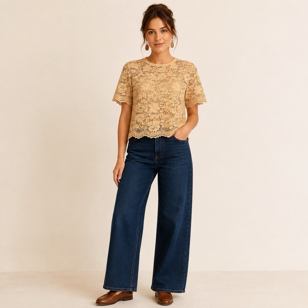 Dolan Left Coast Collection Top XXS Beige Floral Lace Scalloped Short Sleeve